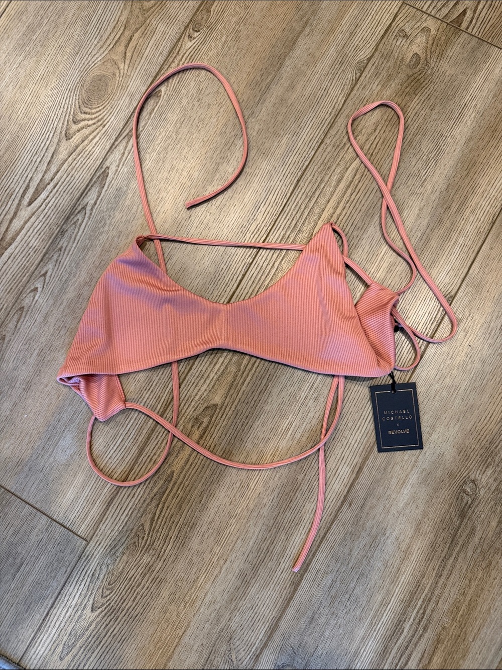 Michael Costello Coral Pink Ribbed String Bikini Top